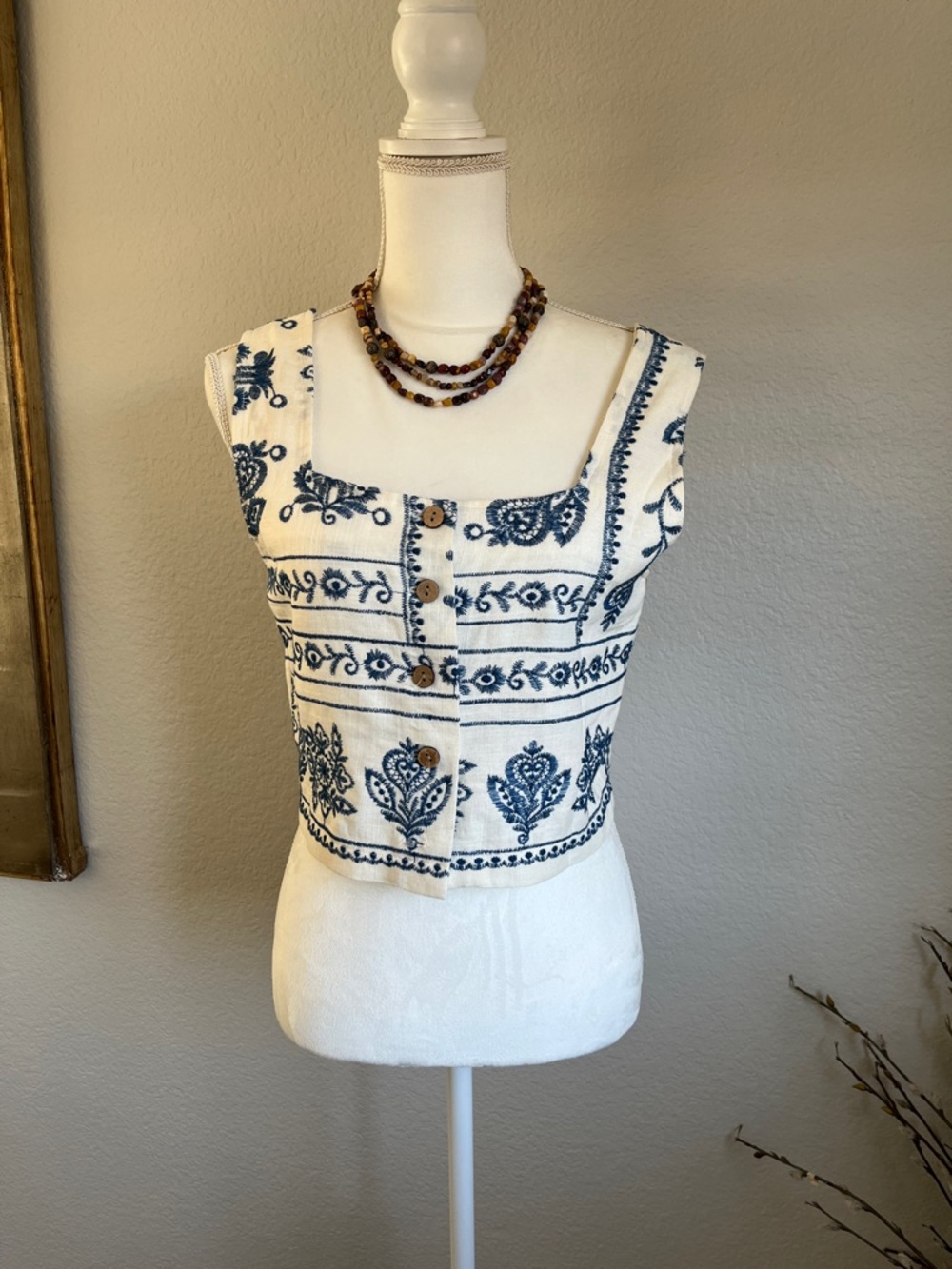 Joie Cream Crop Tank with Navy Embroidered Pattern